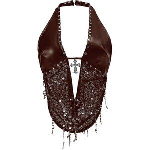 Women's Plain Brown Gothic Grunge PU Leather Sparkly Halter V Neck Vest Crop Top